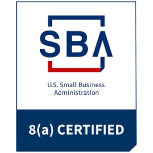 Sba 8 ( a ) certified logo with blue and red letters